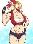  1girl abs areolae balls bare_legs bare_shoulders baseball_cap black_gloves blonde_hair blue_eyes bracelet breasts cap cleavage crop_top darm_engine denim denim_shorts erect_nipples erection erection_under_clothes fatal_fury fingerless_gloves futanari genderswap genderswap_(mtf) glans gloves hat hips huge_breasts jewelry large_penis long_hair midriff muscle nail_polish newhalf nipples penis pink_nails ponytail precum shirt short_shorts shorts smile smirk snk_heroines:_tag_team_frenzy solo standing taut_clothes taut_shirt terry_bogard thick_thighs thighs twitter_username underwear unzipped vest 