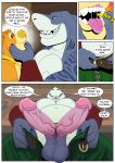  anthro balls clothed clothing comic erection fish hi_res low-angle_view male male/male mammal marine mouth_shot multi_penis mustelid nipples otter penis shark tawny_otter tawny_otter_(character) tongue tongue_out topless 