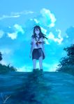  ahoge ankle_socks black_eyes black_hair cloud cloudy_sky commentary dark day from_below grass highres long_hair looking_at_viewer loundraw neckerchief original path personification pleated_skirt road sad school_uniform serafuku signature skirt sky wind 