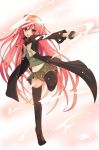  alastor_(shakugan_no_shana) black_cape black_legwear bow cape floating_hair full_body grey_bow grey_neckwear hair_between_eyes holding holding_sword holding_weapon jewelry katana leg_up long_hair looking_at_viewer midriff miniskirt navel necklace open_mouth outstretched_arm pleated_skirt red_eyes red_hair sake-meron school_uniform shakugan_no_shana shana shirt skirt solo standing standing_on_one_leg stomach sword thighhighs very_long_hair weapon white_background 