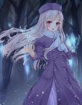 eyebrows_visible_through_hair fate/stay_night fate_(series) floating_hair forest hat hypertan illyasviel_von_einzbern long_hair nature night open_mouth outdoors purple_coat purple_eyes purple_hat scarf silver_hair solo standing very_long_hair white_scarf 
