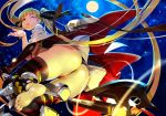  ass bangs bardiche black_gloves black_legwear black_panties blonde_hair blown_kiss boots breasts cape commentary_request elbow_gloves eyebrows_visible_through_hair fate_testarossa feet full_moon gloves glowing hair_ribbon highres long_hair lyrical_nanoha magical_girl mahou_shoujo_lyrical_nanoha mahou_shoujo_lyrical_nanoha_the_movie_3rd:_reflection mikazuki_akira! moon night one_eye_closed open_clothes panties partially_visible_vulva red_cape red_eyes ribbon scythe single_glove soles star_(sky) thighhighs thong transformation twintails underboob underwear very_long_hair white_cape 