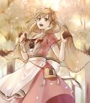  1girl akke blonde_hair bow bracelet braid brown_eyes capelet effie_(fire_emblem) fire_emblem fire_emblem_echoes:_mou_hitori_no_eiyuuou hair_bow jewelry long_hair nintendo open_mouth petals short_sleeves solo tree twin_braids 