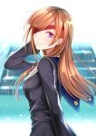  absurdres backlighting blue_eyes blurry blurry_background brown_hair eyepatch fate/grand_order fate_(series) floating_hair from_behind gu_li hand_in_hair highres long_hair looking_at_viewer looking_back ophelia_phamrsolone smile solo stairs upper_body 