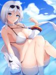  alternate_costume arm_support armpits azur_lane baggy_clothes bangs bikini blue_eyes breasts cleavage coat collarbone commentary_request covered_nipples cowboy_shot cross cross_earrings day earrings eyebrows_visible_through_hair eyewear_on_head german_flag hair_between_eyes hand_up head_tilt highres jewelry large_breasts looking_at_viewer open_mouth outdoors partially_submerged ranju_aira scarf short_hair sidelocks silver_hair sitting skindentation solo stomach sunglasses swimsuit thighs tirpitz_(azur_lane) white_bikini white_coat white_scarf wind yokozuwari 