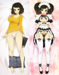  ass_visible_through_thighs black_hair breasts cleavage commentary dakimakura dual_persona english_commentary garter_straps heart heart_hands highres kawakami_sadayo looking_at_viewer lying maid maid_headdress messy_hair multiple_views on_back open_mouth panties persona persona_5 shirt short_hair skirt skirt_around_one_leg slugbox smile striped striped_shirt thighhighs twintails underwear white_legwear white_panties 