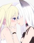  2girls animal_ears artist_request blonde_hair blush cat_ears cat_keyhole_bra cat_lingerie choker imminent_kiss meme_attire multiple_girls plain_background tagme white_hair yuri 