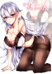  absurdres adjusting_hair all_fours ass azur_lane bangs black_legwear breasts character_name cleavage collarbone commentary_request eyebrows_visible_through_hair graf_zeppelin_(azur_lane) hair_between_eyes highres large_breasts lingerie long_hair looking_at_viewer navel open_mouth panties panties_under_pantyhose pantyhose parted_lips red_eyes sidelocks silver_hair skindentation solo stomach tea_texiamato underwear underwear_only very_long_hair 
