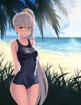  arms_behind_back bangs bare_shoulders beach black_swimsuit blush breasts character_name cloel closed_mouth clothes_writing cloud cloudy_sky collarbone commentary covered_navel cowboy_shot day embarrassed from_side frown girls_frontline grass hair_between_eyes hair_ornament hair_scrunchie hips legs_together long_hair looking_at_viewer medium_breasts name_tag ocean old_school_swimsuit one-piece_swimsuit outdoors palm_tree pkp_(girls_frontline) raised_eyebrows school_swimsuit scrunchie side_ponytail sideways_glance silver_hair skin_tight sky solo standing straight_hair swimsuit taut_clothes thighs tree tree_branch very_long_hair water yellow_eyes yellow_scrunchie 