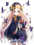 abigail_williams_(fate/grand_order) bangs big_hair black_bow black_dress black_hat blonde_hair bloomers blue_eyes bow bug butterfly commentary_request dress eyebrows_visible_through_hair fate/grand_order fate_(series) hair_bow hat highres insect long_hair long_sleeves looking_at_viewer object_hug orange_bow parted_bangs parted_lips paya_(aejx2345) simple_background sleeves_past_fingers sleeves_past_wrists solo stuffed_animal stuffed_toy teddy_bear underwear very_long_hair white_background white_bloomers 