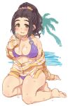  7010 barefoot bikini black_hair blush breasts cleavage collarbone commentary_request ebihara_naho green_eyes hair_ornament hair_scrunchie idolmaster idolmaster_cinderella_girls jacket large_breasts long_hair long_sleeves looking_at_viewer off_shoulder open_mouth palm_tree ponytail purple_bikini scrunchie simple_background sitting sketch smile solo swimsuit tree water wet white_background zipper_pull_tab 