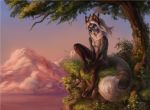  2018 4_toes 5_fingers akineza anthro barefoot black_nose breasts canine day detailed_background digital_media_(artwork) featureless_breasts female fox grass hybrid mammal nude outside paws purple_eyes sitting sky solo toes tree 