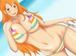  1girl ass bare_shoulders bent_over bikini blush bracelet breasts cleavage curvy female flower hips huge_ass huge_breasts jewelry large_breasts long_hair momo_765 nami_(one_piece) nipples one_piece open_mouth orange_hair solo swimsuit tattoo teeth thick_thighs thighs tongue wide_hips 
