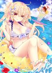 :p absurdres barefoot bikini blonde_hair breasts cleavage collarbone food frilled_bikini frills hair_ornament hairclip highres ice_cream large_breasts long_hair looking_at_viewer navel original red_eyes shiromomo smile solo spoon sundae swimsuit tongue tongue_out two_side_up water 