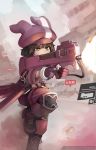  animal_hat brown_hair bullpup firing gloves gun hat highres holding holding_gun holding_weapon llenn_(sao) p-chan_(p-90) p90 paintrfiend patreon_username pink_gloves pink_hat running short_hair solo submachine_gun sword_art_online sword_art_online_alternative:_gun_gale_online user_interface watermark weapon web_address 