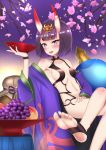  1girl barefoot blush cherry_blossoms fangs fate/grand_order fate_(series) feet horns legs_crossed looking_at_viewer purple_eyes purple_hair shuten_douji_(fate/grand_order) soles toes 
