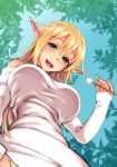  :d blonde_hair blue_eyes blue_sky blush breasts day elf for-u from_below highres large_breasts leaf long_hair looking_at_viewer mimikaki open_mouth outdoors pointy_ears shirt sky smile solo white_shirt 
