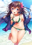  adapted_costume ass_visible_through_thighs barefoot bikini blue_sky blush breasts brown_eyes brown_hair cleavage cloud crescent crescent_moon_pin day eyebrows_visible_through_hair frilled_bikini frills hair_between_eyes hair_ornament jacket kantai_collection kisaragi_(kantai_collection) leaning_forward long_hair looking_at_viewer medium_breasts minami_(apricot_tea) navel ocean open_mouth outdoors remodel_(kantai_collection) running side-tie_bikini sky smile solo swimsuit thigh_gap upper_teeth water white_bikini 