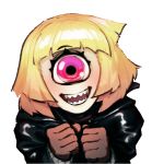  1_eye alpha_channel animated annie_(anaid) big_eyes blonde_hair bust_portrait clothing colorwrath cyclops eyelashes female front_view hair humanoid jacket leather leather_jacket light_skin looking_at_viewer low_res monster_girl_(genre) multicolored_skin noseless not_furry open_mouth open_smile pale_skin pink_eyes portrait sharp_teeth short_hair simple_background smile solo tailclops_(race) tailclops_(species) teeth transparent_background two_tone_skin 