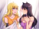  ahoge animal_ears artist_name black_hair blake_belladonna blanket blonde_hair breasts cat_ears cleavage commentary_request curtains hand_on_another's_head kio_rojine multiple_girls prosthesis prosthetic_arm purple_eyes rwby yang_xiao_long yellow_eyes yuri 