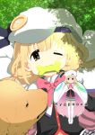  blonde_hair bow brown_eyes cape commentary_request cosplay cyrillic dappled_sunlight dog full_body futaba_anzu grass grey_skirt hat idolmaster idolmaster_cinderella_girls large_buttons little_busters! mouth_hold noumi_kudryavka noumi_kudryavka_(cosplay) pink_bow plaid plaid_skirt pleated_skirt russian school_uniform skirt sleepfool solo sunlight thighhighs translated twintails upper_body white_cape white_hat white_legwear 
