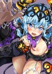  artist_name bangs black_nails blue_eyes blue_hair blush breasts celeas covering covering_breasts cowboy_shot demon_girl demon_horns demon_tail demon_wings earrings eyebrows_visible_through_hair fingernails garter_straps hair_between_eyes headpiece highres horns jewelry large_breasts last_period long_fingernails long_sleeves mi_mi_ham nail_polish open_mouth outstretched_arm pointy_ears purple_background solo tail thigh_gap thighs twitter_username v-shaped_eyebrows wings 