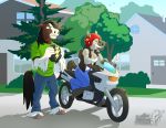  2018 anthro brown_fur chev clothed clothing clydesdale digital_media_(artwork) draft_horse duo equine female fur hooves horse looking_away male male/female mammal motorcycle multicolored_fur smile tashi_gibson vallhund vehicle white_fur 