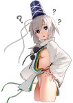  ? areolae breasts bright_pupils commentary_request contrapposto cowboy_shot cropped_legs eyebrows_visible_through_hair from_side fundoshi go_robots hand_on_hip hat head_tilt highres japanese_clothes large_areolae long_hair looking_at_viewer mononobe_no_futo open_mouth pom_pom_(clothes) ponytail purple_eyes revealing_clothes ribbon sideboob silver_hair simple_background small_breasts solo standing thighs touhou white_background wide_sleeves 