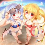  :d ahoge arm_up bangs bare_arms bare_shoulders bat_wings beach bikini blonde_hair blue_bikini blue_hair blue_sky blush breasts cleavage closed_mouth cloud collarbone commentary_request criss-cross_halter crystal day eyebrows_visible_through_hair eyes_visible_through_hair eyewear_on_head fang fang_out flandre_scarlet flat_chest foreshortening from_above full_body hair_between_eyes halter_top halterneck hand_on_hip highres holding holding_beachball holding_eyewear horizon long_hair looking_at_viewer low_wings m9kndi medium_hair multiple_girls nail_polish navel ocean open_mouth outdoors pink_nails pink_wings red_bikini red_eyes remilia_scarlet sand sandals see-through shade shiny shiny_hair siblings side-tie_bikini side_ponytail sidelocks sisters sky slit_pupils small_breasts smile sparkle standing star stomach summer swimsuit touhou wings 