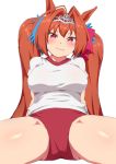  animal_ears antenna_hair arms_behind_back ass_visible_through_thighs bangs blush bow breasts brown_hair buruma closed_mouth commentary_request cowboy_shot crotch daiwa_scarlet eyebrows_visible_through_hair fang fang_out fur_trim gem groin groin_tendon gym_shirt gym_uniform hair_between_eyes hair_bow hair_intakes head_tilt horse_ears large_breasts light_smile long_hair looking_at_viewer mdf_an pink_bow pink_pupils red_bow red_buruma red_eyes sapphire_(stone) shirt short_sleeves simple_background sitting solo t-shirt thighs tiara twintails umamusume very_long_hair white_background white_shirt 
