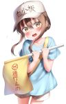  absurdres blue_shirt blush brown_eyes brown_hair brown_shorts collarbone commentary cosplay flag flat_cap folded_ponytail hair_between_eyes hat hataraku_saibou highres holding holding_flag inazuma_(kantai_collection) kantai_collection nedia_(nedia_region) open_mouth platelet_(hataraku_saibou) platelet_(hataraku_saibou)_(cosplay) shirt short_hair short_sleeves shorts simple_background solo white_background white_hat 