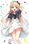  blonde_hair blue_eyes blue_sailor_collar blush dress feet_out_of_frame gloves hat imachireki jervis_(kantai_collection) kantai_collection long_hair looking_at_viewer open_mouth sailor_collar sailor_dress sailor_hat short_sleeves solo standing standing_on_one_leg star starry_background white_background white_dress white_gloves white_hat 