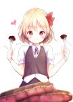  1girl :t absurdres bad_id bad_twitter_id bangs black_skirt black_vest blonde_hair blurry blurry_foreground blush closed_mouth collared_shirt depth_of_field dual_wielding eating eyebrows_visible_through_hair facing_viewer food fork hair_ribbon hands_up heart highres holding holding_fork looking_down meat neck_ribbon nekomarieru red_eyes red_ribbon ribbon rumia shirt short_hair simple_background skirt skirt_set smile solo touhou vest white_background wing_collar 