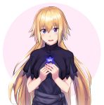  1girl blonde_hair blush breasts circle fate/apocrypha fate/grand_order fate_(series) flower highres holding holding_flower jeanne_d&#039;arc_(fate) jeanne_d&#039;arc_(fate)_(all) large_breasts long_hair looking_at_viewer nyorotono open_mouth purple_eyes solo upper_body very_long_hair white_background 