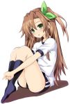  blush bow brown_hair commentary_request green_eyes hair_bow hair_ornament if_(choujigen_game_neptune) iwasi-r long_hair looking_at_viewer neptune_(series) one_side_up ribbon short_sleeves socks solo 