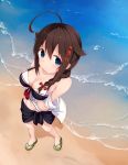  adapted_costume ahoge beach bikini blue_eyes blush braid breasts brown_hair cleavage commentary_request eyebrows_visible_through_hair groin hair_between_eyes hair_flaps hair_ornament hair_over_shoulder highres jacket kantai_collection long_hair looking_at_viewer looking_up medium_breasts navel remodel_(kantai_collection) sandals sarong shigure_(kantai_collection) single_braid smile solo swimsuit water waves yoriha_yashiro 