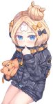  :o abigail_williams_(fate/grand_order) absurdres bad_id bad_pixiv_id bangs black_bow black_jacket blonde_hair blue_eyes blush bow eyebrows_visible_through_hair fate/grand_order fate_(series) hair_bow hair_bun heroic_spirit_traveling_outfit highres jacket long_hair long_sleeves looking_at_viewer object_hug orange_bow parted_bangs parted_lips polka_dot polka_dot_bow simple_background sitting sleeves_past_fingers sleeves_past_wrists solo stuffed_animal stuffed_toy teddy_bear white_background zongren 