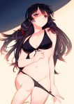  absurdres arm_at_side bad_id bad_twitter_id bikini bikini_pull black_hair blew_andwhite breasts cleavage commentary_request front-tie_bikini front-tie_top hair_ribbon highres isokaze_(kantai_collection) kantai_collection large_breasts long_hair looking_at_viewer lying navel on_back pulled_by_self red_eyes ribbon smile solo swimsuit 