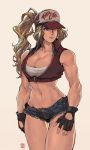  bare_legs baseball_cap beige_background blonde_hair blue_eyes breasts cleavage commentary cowboy_shot cutoff_jeans cutoffs dated david_liu denim denim_shorts fatal_fury fingerless_gloves genderswap genderswap_(mtf) gloves hat highres jacket large_breasts looking_to_the_side low_neckline messy_hair midriff muscle muscular_female one_eye_covered open_clothes open_fly open_jacket shirt short_shorts shorts signature snk_heroines:_tag_team_frenzy terry_bogard thigh_gap toned vest wavy_hair white_shirt 