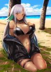  arm_support azur_lane baggy_clothes bare_shoulders beach bikini_top black_jacket blue_sky blush breasts brown_eyes choker cleavage cloud commentary_request dark_skin day eyebrows_visible_through_hair highres jacket large_breasts long_hair long_sleeves looking_at_viewer massachusetts_(azur_lane) multicolored_hair native_american navel ocean off_shoulder open_clothes outdoors palm_tree partially_unzipped sand shade silver_hair sitting skindentation sky solo stomach sweat swimsuit swimsuit_under_clothes tan thigh_strap thighs tobimura tree unzipped yokozuwari zipper 
