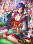  blue_hair breasts bridge brown_eyes cleavage copyright_name dutch_angle flower grass hair_flower hair_ornament jewelry long_hair looking_at_viewer miyano_akihiro necklace official_art outdoors pointing pointing_up sangokushi_tenka sitting solo watermark 