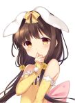  aimu_(ai_mu3) animal_ears back_bow bare_shoulders bow brown_hair bunny_ears covering_mouth flower_knight_girl hair_bow helenium_(flower_knight_girl) long_hair pink_bow shy simple_background solo tears upper_body white_background yellow_bow yellow_eyes 