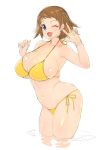  ;d bare_shoulders bikini blue_eyes bracelet breasts brown_hair cleavage covered_nipples cowboy_shot earrings gundam gundam_build_divers highres huge_breasts jewelry nanase_nanami_(gundam_build_divers) navel one_eye_closed open_mouth poin shiny shiny_hair short_hair side-tie_bikini simple_background sketch skindentation smile solo swimsuit w wading water wet white_background yellow_bikini 