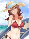  absurdres alternate_breast_size arashi_(kantai_collection) beach bikini blush breasts brown_eyes cleavage collarbone cosplay day eyebrows_visible_through_hair fate/grand_order fate_(series) front-tie_bikini front-tie_top hair_between_eyes harukawa_(hal501) hat highres kantai_collection looking_at_viewer medium_breasts medium_hair messy_hair mordred_(fate)_(all) mordred_(swimsuit_rider)_(fate) mordred_(swimsuit_rider)_(fate)_(cosplay) navel outdoors red_bikini red_hair side-tie_bikini smile solo straw_hat sun_hat surfboard swimsuit upper_body 