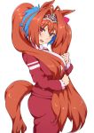  animal_ears antenna_hair ass bangs blush bow breasts brown_hair clenched_hand clenched_hands cowboy_shot daiwa_scarlet eyebrows_visible_through_hair fang from_side fur_trim gem hair_bow hair_intakes hair_over_shoulder horse_ears horse_girl horse_tail jacket large_breasts long_hair long_sleeves looking_at_viewer looking_back looking_to_the_side mdf_an open_mouth pants pink_bow red_eyes red_jacket red_pants sapphire_(stone) simple_background smile solo standing tail tiara track_jacket track_pants track_suit turtleneck twintails umamusume very_long_hair white_background 