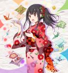  :o bangs black_hair blush brown_eyes checkered chijou_noko chikanoko commentary_request floral_print flower gradient gradient_kimono hair_flower hair_ornament hands_up japanese_clothes kimono long_hair looking_away obi open_mouth origami paper_crane pink_kimono print_kimono ragho_no_erika red_flower red_kimono sash side_ponytail solo standing 