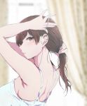  blush breasts brown_eyes brown_hair commentary_request dutch_angle from_side hairdressing highres idolmaster idolmaster_cinderella_girls large_breasts long_hair looking_at_viewer nitta_minami ryuu. shoulder_blades sideboob solo upper_body 