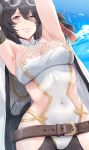  absurdres animal_ears armpits arms_behind_head arms_up bare_shoulders belt black_hair blush breasts cape cleavage covered_navel erune eyewear_on_head granblue_fantasy hair_between_eyes halterneck hat hat_ribbon hews_hack highres hips huge_filesize ilsa_(granblue_fantasy) long_hair looking_at_viewer medium_breasts navel one-piece_swimsuit one_eye_closed paid_reward parted_lips patreon_reward red_eyes ribbon smile solo sunglasses swimsuit white_swimsuit 
