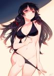  arm_at_side bikini bikini_pull black_hair blew_andwhite breasts cleavage front-tie_bikini front-tie_top hair_ribbon highres isokaze_(kantai_collection) kantai_collection large_breasts long_hair looking_at_viewer lying navel on_back pulled_by_self red_eyes ribbon smile solo swimsuit 