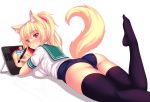  absurdres animal_ears ass black_legwear blonde_hair blush breasts cat_ears commentary drawing english_commentary eyebrows_visible_through_hair fast-runner-2024 highres large_breasts long_hair looking_at_viewer lying on_stomach one-piece_swimsuit original panties ponytail school_swimsuit school_uniform scrunchie self-portrait serafuku simple_background slit_pupils smile solo striped striped_panties stylus swimsuit tablet_pc tail thighhighs tiffy underwear yellow_eyes 